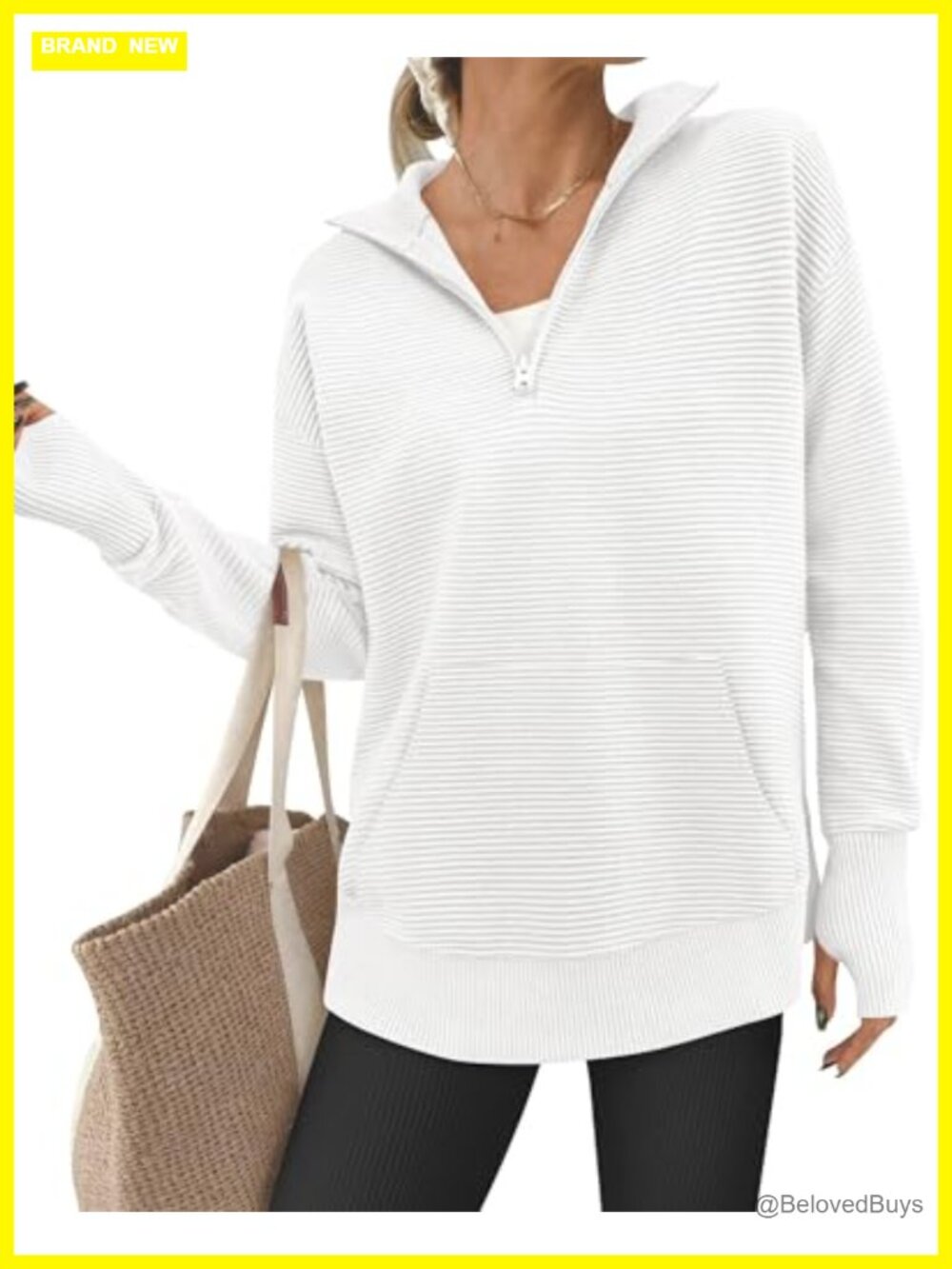 BTFBM Quarter Zip V-Neck Knit Pullover Sweater with Thumb Hole & Kangaroo Pocket